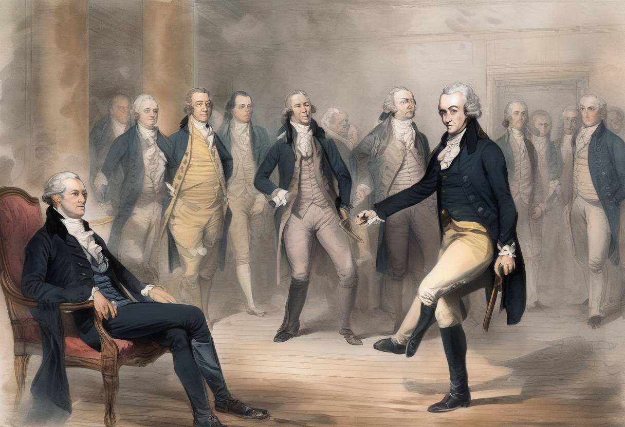 Watercolor painting based depiction of Former U.S. Secretary of the Treasury Alexander Hamilton died after being shot in a duel with Vice President Aaron Burr the previous day. This event marked the end of Hamilton's influential political career and had significant repercussions in American politics. (1804)