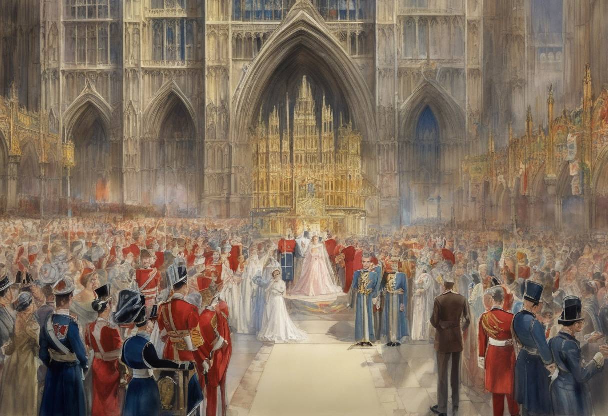 Watercolor painting based depiction of The coronation of King George VI and Queen Elizabeth took place at Westminster Abbey in London, marking the beginning of their reign following the abdication of King Edward VIII. (1937)
