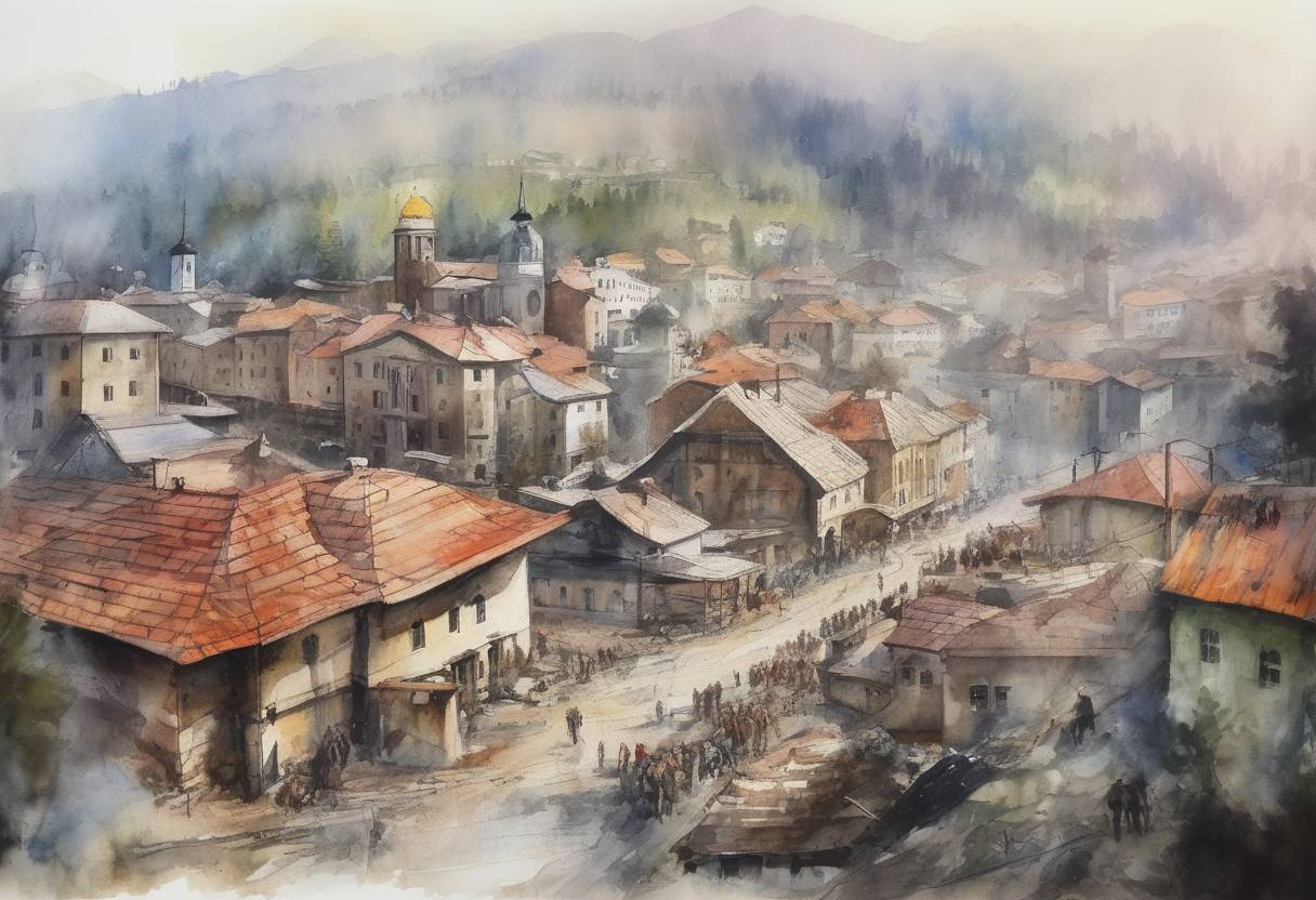 Watercolor painting based depiction of Bosnian Serbs began the siege of Sarajevo, marking the start of the Bosnian War, which resulted in significant loss of life and destruction. (1992)