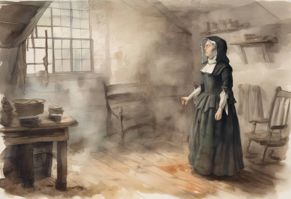 Watercolor painting based depiction of Bridget Bishop became the first person executed for witchcraft during the Salem witch trials. (1692)