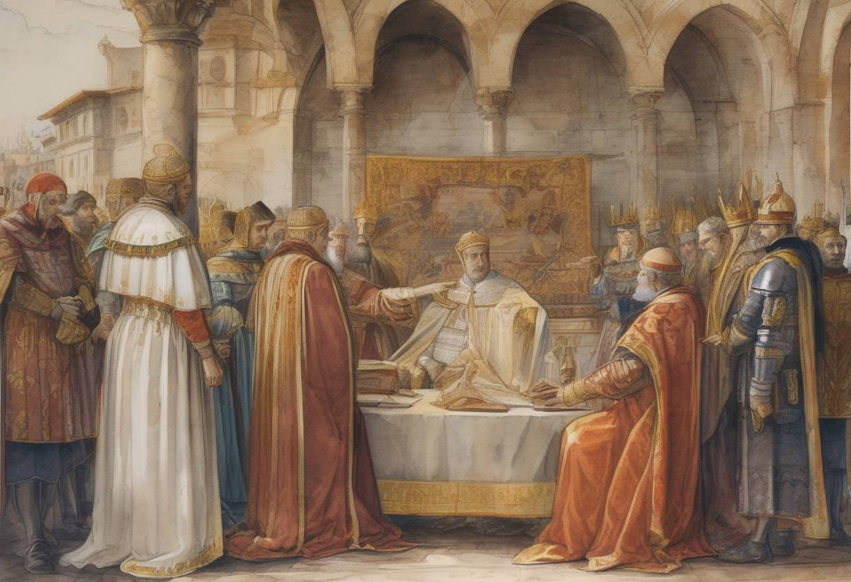 Watercolor painting based depiction of The Treaty of Benevento is signed between Pope Adrian IV and King William I of Sicily, recognizing William's rule over Sicily. (1156)