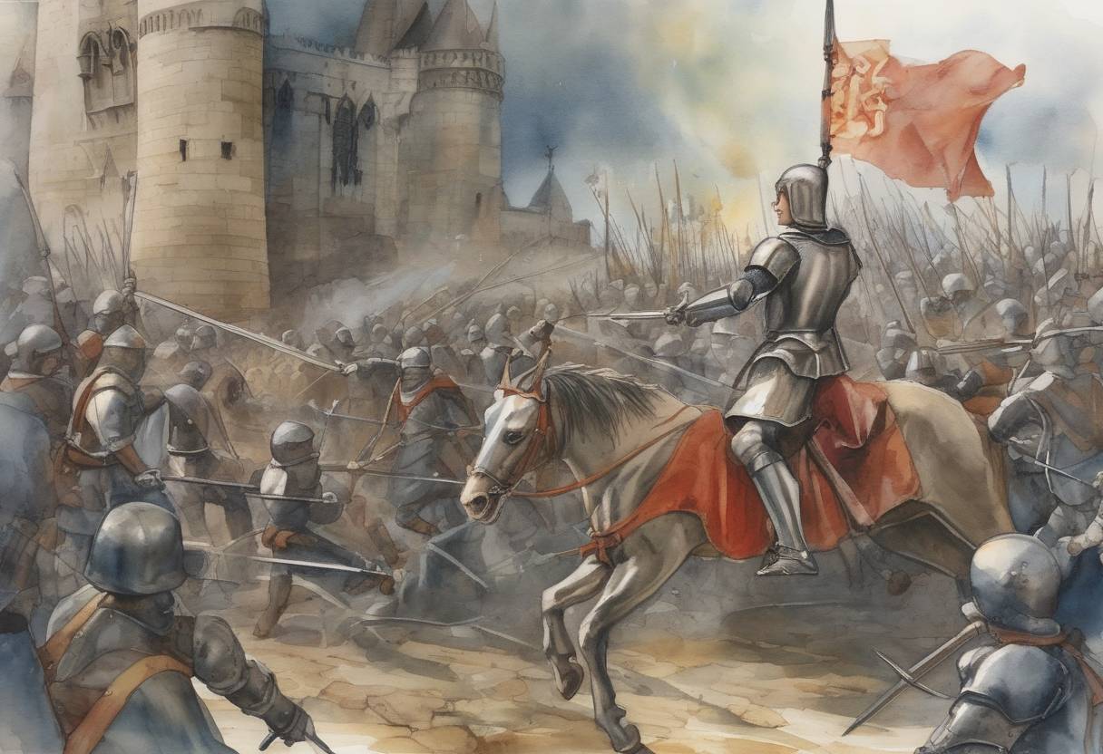 Watercolor painting based depiction of Joan of Arc lifts the Siege of Orléans, marking a turning point in the Hundred Years' War. (1429)