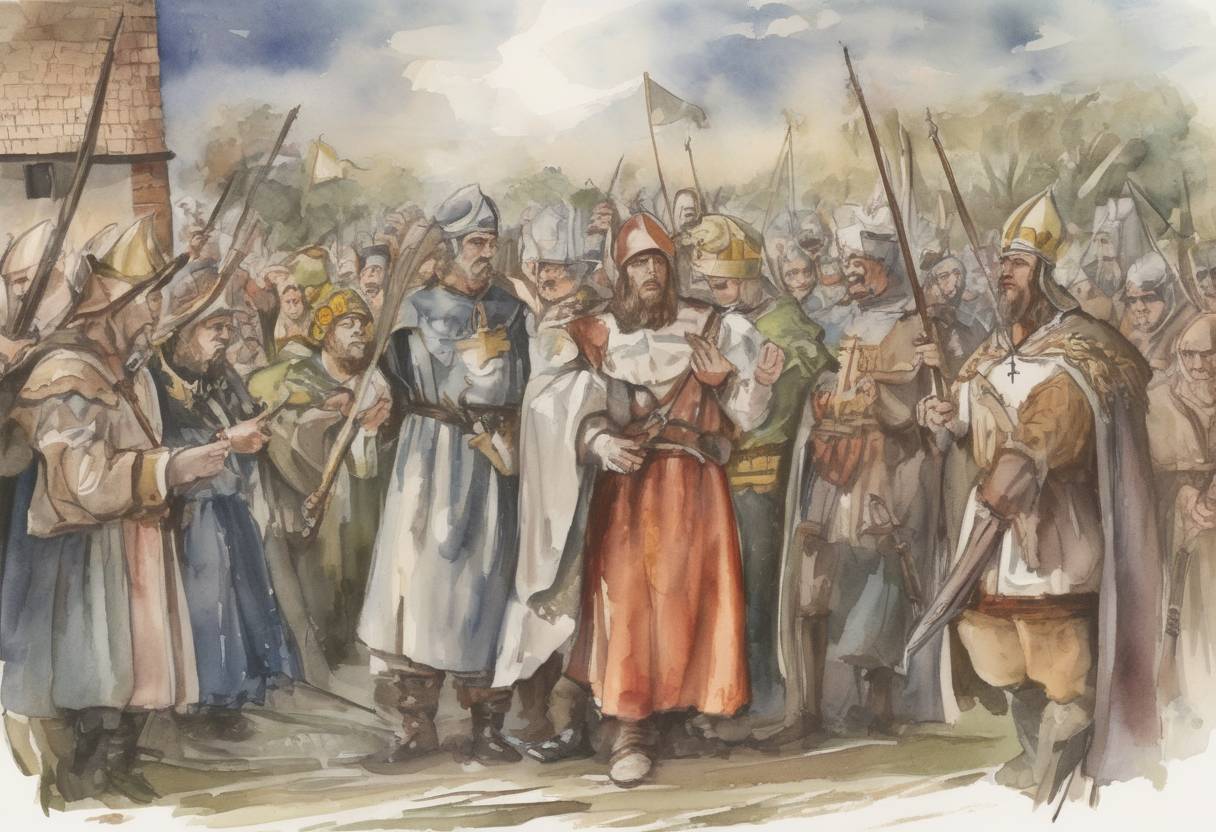 Watercolor painting based depiction of Saint Boniface, an influential missionary and archbishop, was martyred by Frisian bandits in Dokkum, present-day Netherlands, while on a mission to convert the Frisians to Christianity. (754)