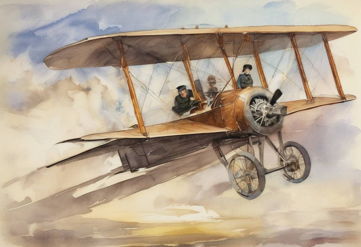Watercolor painting based depiction of The French aviator Raymonde de Laroche became the first woman in the world to receive a pilot's license. (1910)