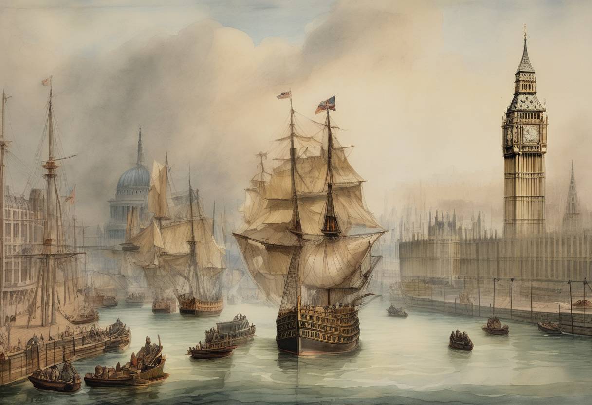 Watercolor painting based depiction of The English Parliament passed the Second Navigation Act, which aimed to tighten the control over colonial trade by requiring that goods imported to England or its colonies be transported on English ships. (1663)
