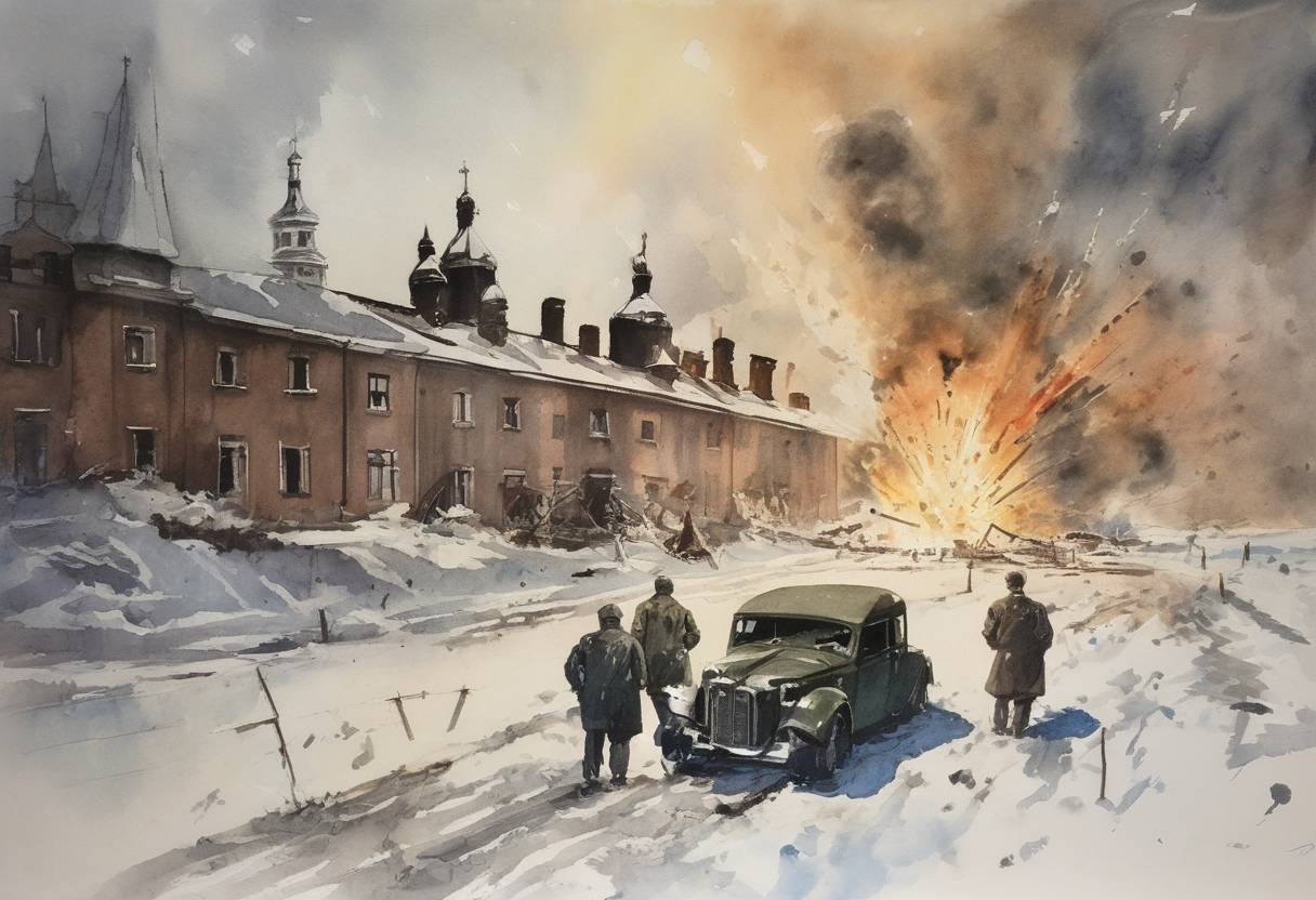 Watercolor painting based depiction of A failed assassination attempt on Adolf Hitler occurred when a bomb placed on his plane by Colonel Henning von Tresckow failed to detonate. (1943)