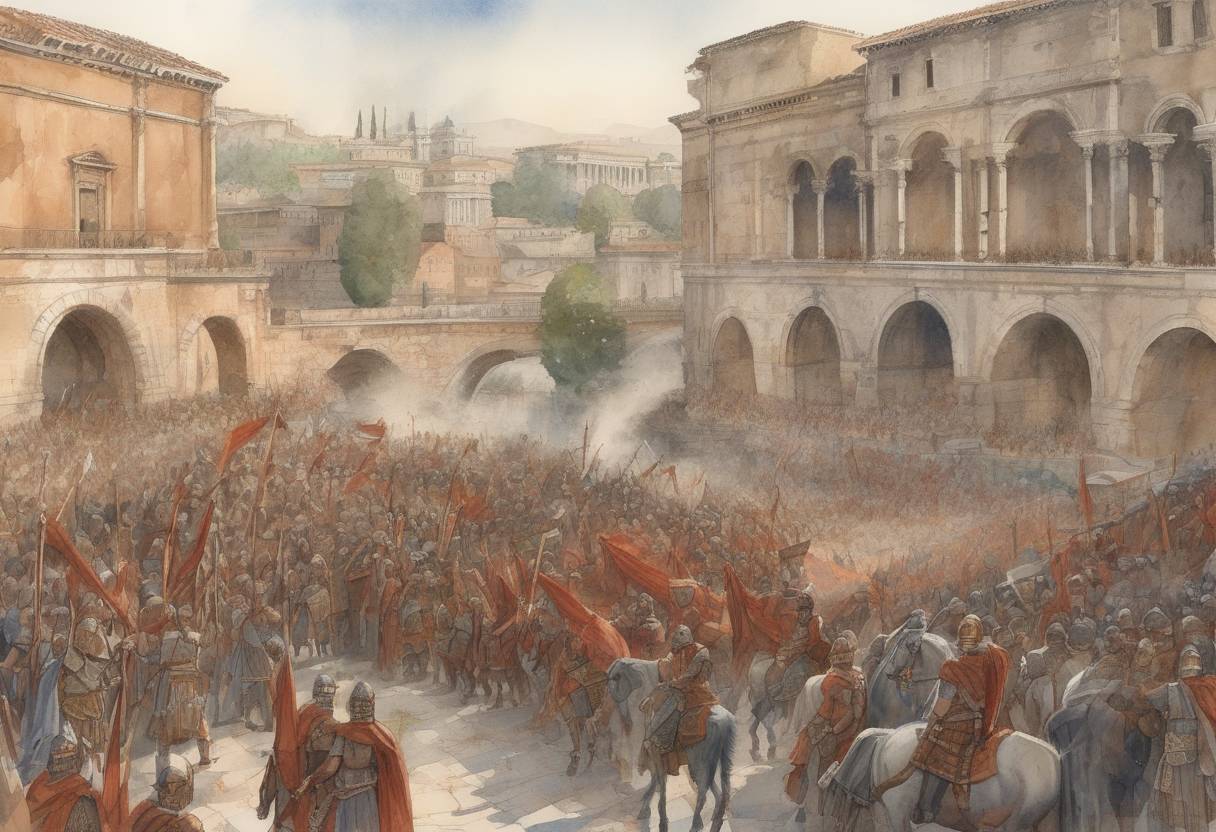 Watercolor painting based depiction of The Byzantine general Belisarius enters Rome, marking a significant moment in the Gothic War as the Eastern Roman Empire seeks to reclaim the Italian Peninsula from the Ostrogoths. (536)