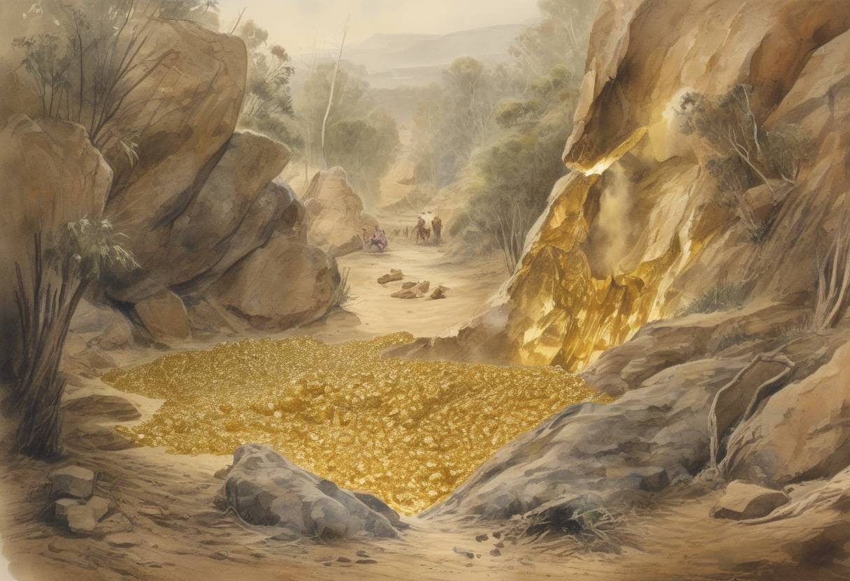 Watercolor painting based depiction of The largest alluvial gold nugget in history, known as the 'Welcome Stranger', is found in Moliagul, Victoria, Australia. (1869)