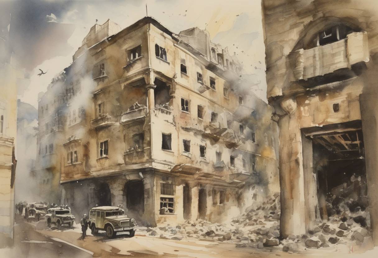 Watercolor painting based depiction of The King David Hotel bombing was carried out by the Irgun, a Zionist paramilitary group, targeting the British administrative headquarters for Palestine. (1946)