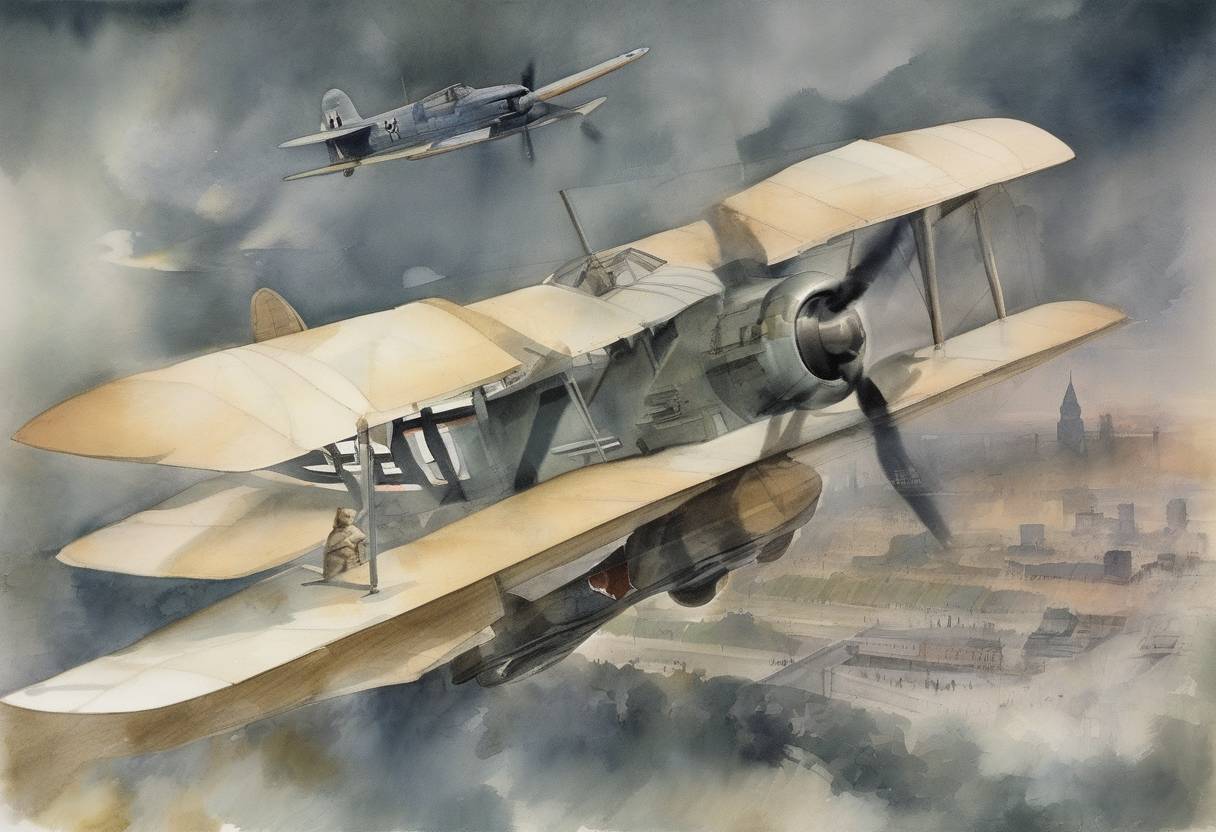 Watercolor painting based depiction of Adolf Hitler ordered the Luftwaffe to be re-formed, violating the Treaty of Versailles. (1935)