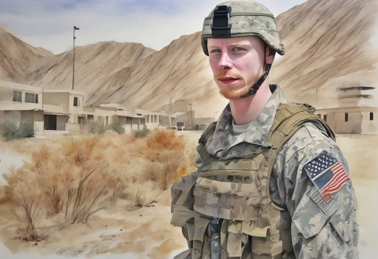 Watercolor painting based depiction of U.S. Army Sergeant Bowe Bergdahl was released by the Taliban in Afghanistan in exchange for five Taliban detainees held at Guantanamo Bay, sparking controversy and debate in the United States. (2014)