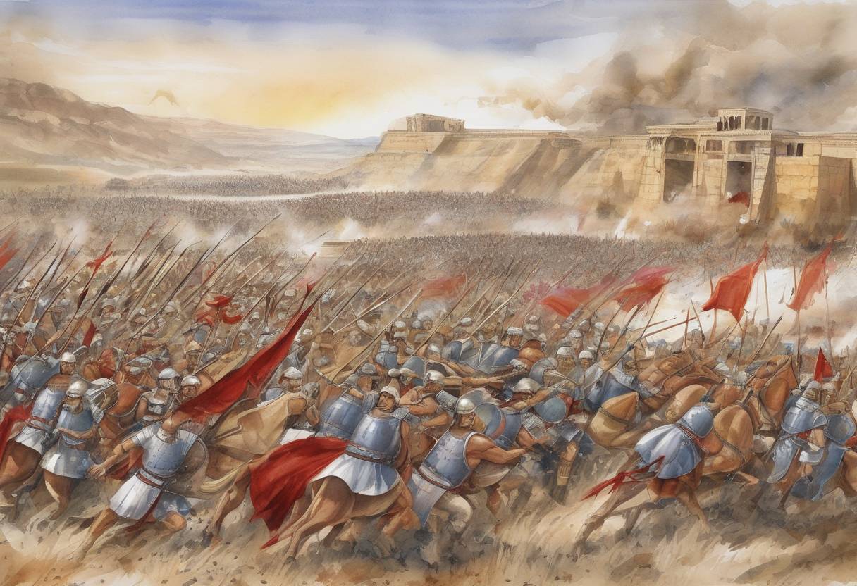 Watercolor painting based depiction of The Battle of the Granicus took place, marking the first major battle of Alexander the Great's campaign against the Persian Empire. Alexander's forces defeated the Persian satraps of Asia Minor, establishing his control over the region. (334)