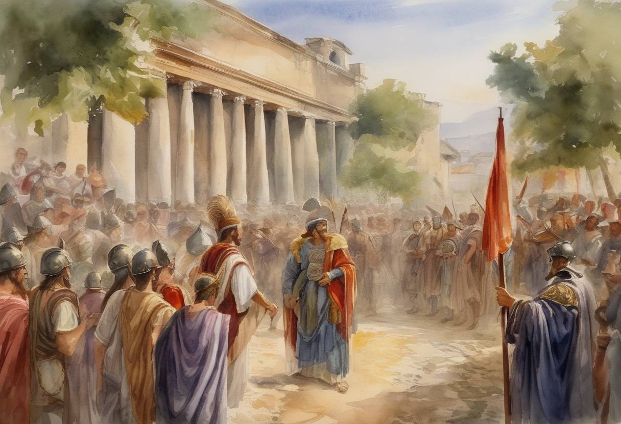 Watercolor painting based depiction of Roman Emperor Galerius issued the Edict of Serdica, ending the persecution of Christians in the Eastern Roman Empire. (311)