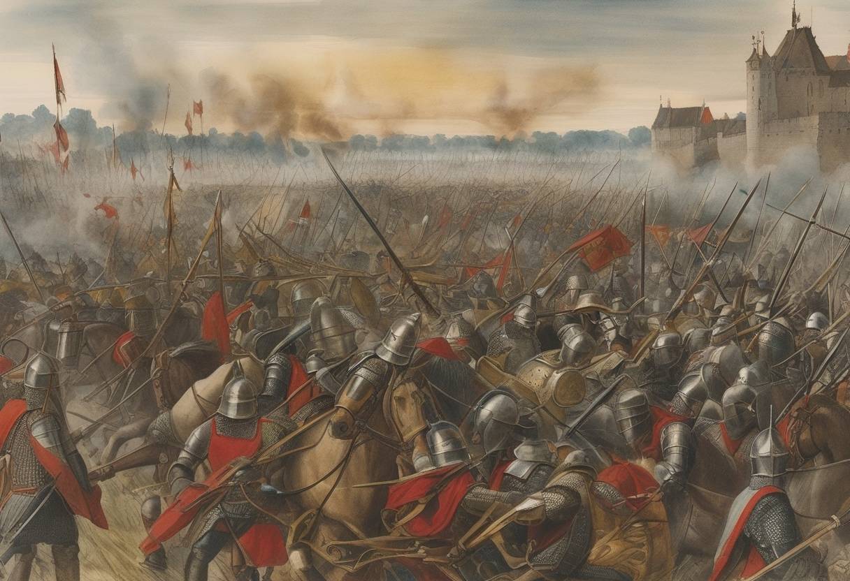Watercolor painting based depiction of The Battle of the Golden Spurs, also known as the Battle of Courtrai, took place near the city of Kortrijk, Belgium. Flemish forces, consisting of militias from the county of Flanders, decisively defeated the French army. (1302)
