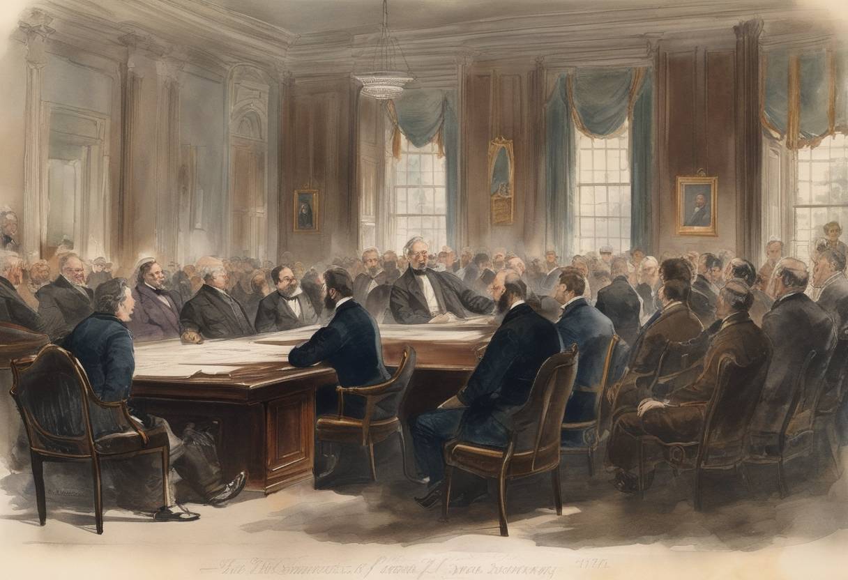 Watercolor painting based depiction of The inaugural meeting of the American Bar Association was held. This legal organization was formed to improve the standards of the legal profession and promote justice. (1877)