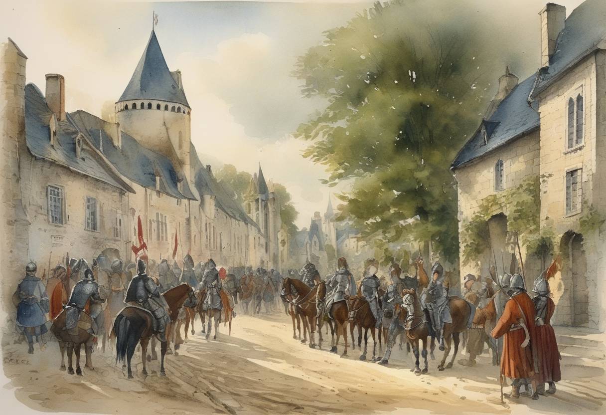 Watercolor painting based depiction of The French army, led by Joan of Arc and Duke John II of Alençon, successfully captured the city of Beaugency during the Hundred Years' War. (1429)