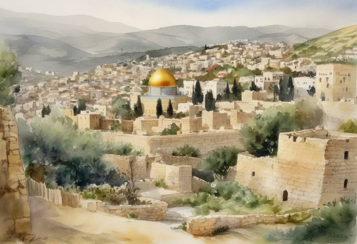 Watercolor painting based depiction of The Council of Nablus was convened in the Kingdom of Jerusalem, establishing the earliest known laws of the Crusader states. (1121)