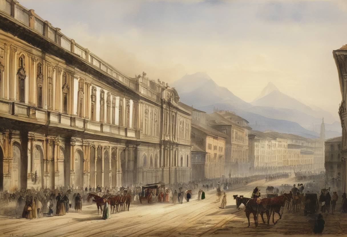 Watercolor painting based depiction of The Kingdom of Italy was officially declared, following the annexation of various states in the Italian peninsula. (1861)