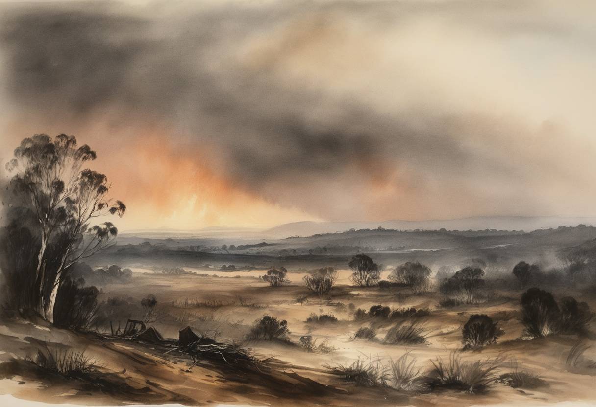 Watercolor painting based depiction of On February 15, 1851, Black Thursday bushfires swept across Victoria, Australia. These bushfires are considered one of the largest in the region's history, burning approximately five million hectares of land and resulting in significant loss of livestock and property. (1851)