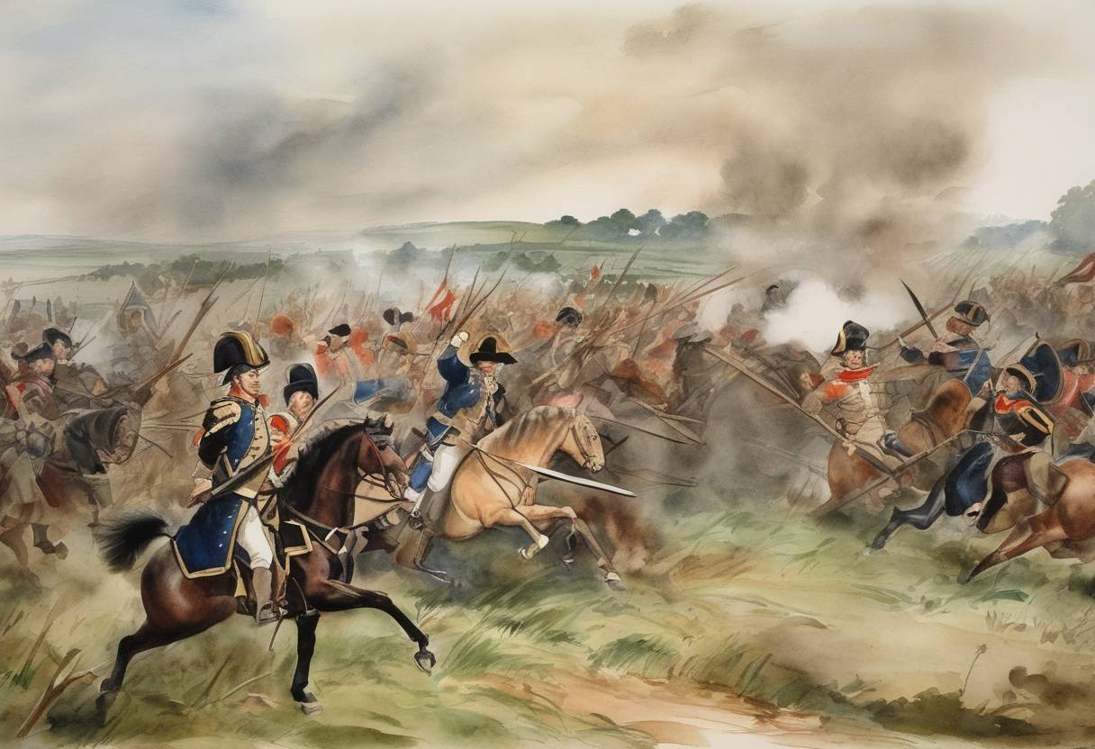 Watercolor painting based depiction of The Battle of Sedgemoor took place, marking the last battle of the Monmouth Rebellion. It ended in defeat for the rebels, led by James Scott, 1st Duke of Monmouth, against the royal army of King James II of England. (1685)