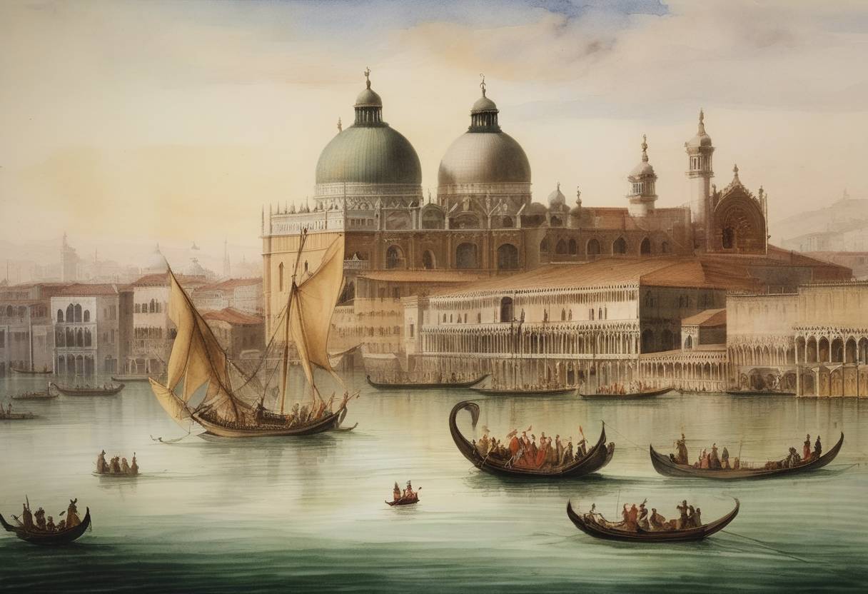 Watercolor painting based depiction of The remarkable achievement of Marco Polo's return home from his notable journey throughout Asia and his service at the court of Kublai Khan came to its initial climax. Polo is celebrated for documenting his extensive travels in 'Il Milione,' a work that would later provide Europeans with one of the first comprehensive looks at the culture and geography of the East. (1294)