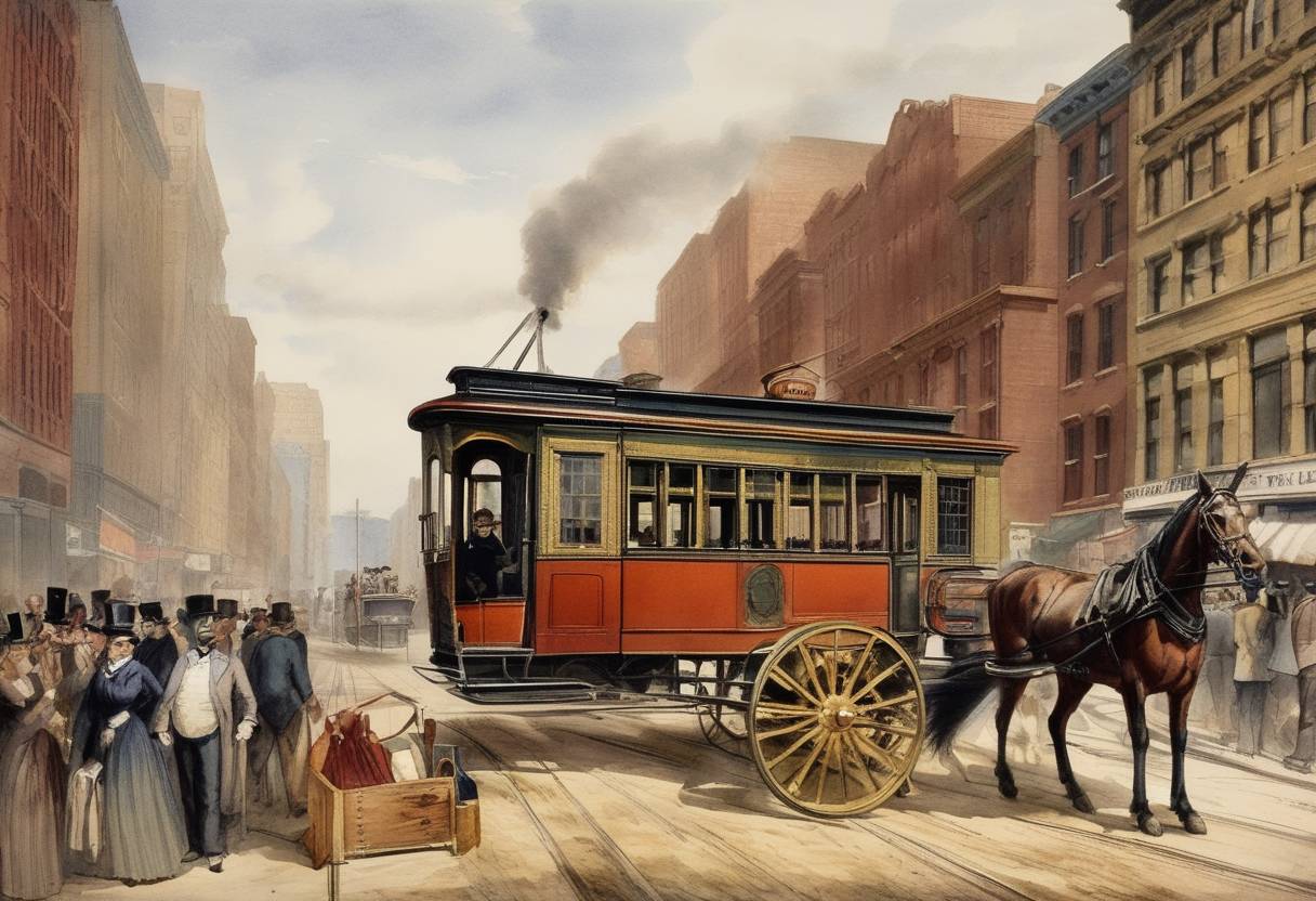 Watercolor painting based depiction of The first regular horse-drawn streetcar service commenced operations from New York City to Harlem. This marked a significant advancement in urban transportation, paving the way for future developments in mass transit systems. (1832)