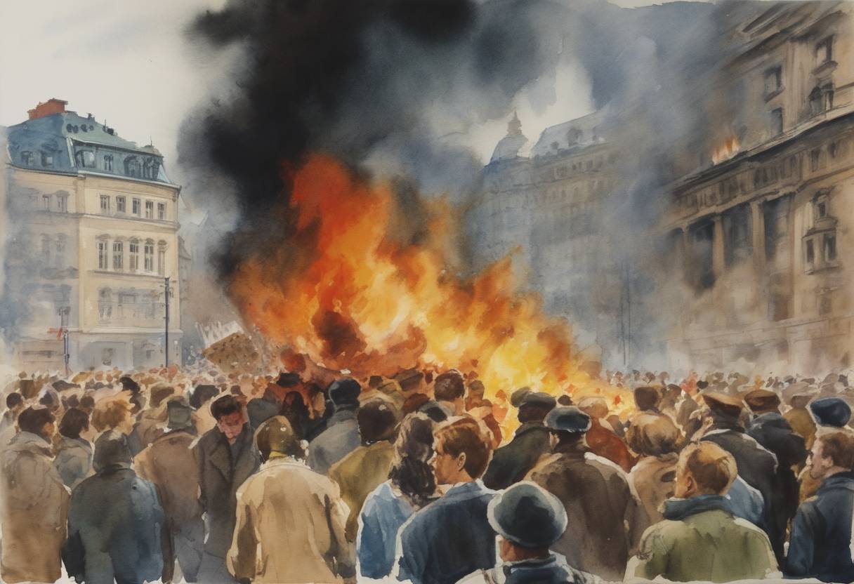 Watercolor painting based depiction of The Prague Spring comes to an end as student Jan Palach sets himself on fire in Wenceslas Square to protest the end of democratic reforms in Czechoslovakia. (1969)