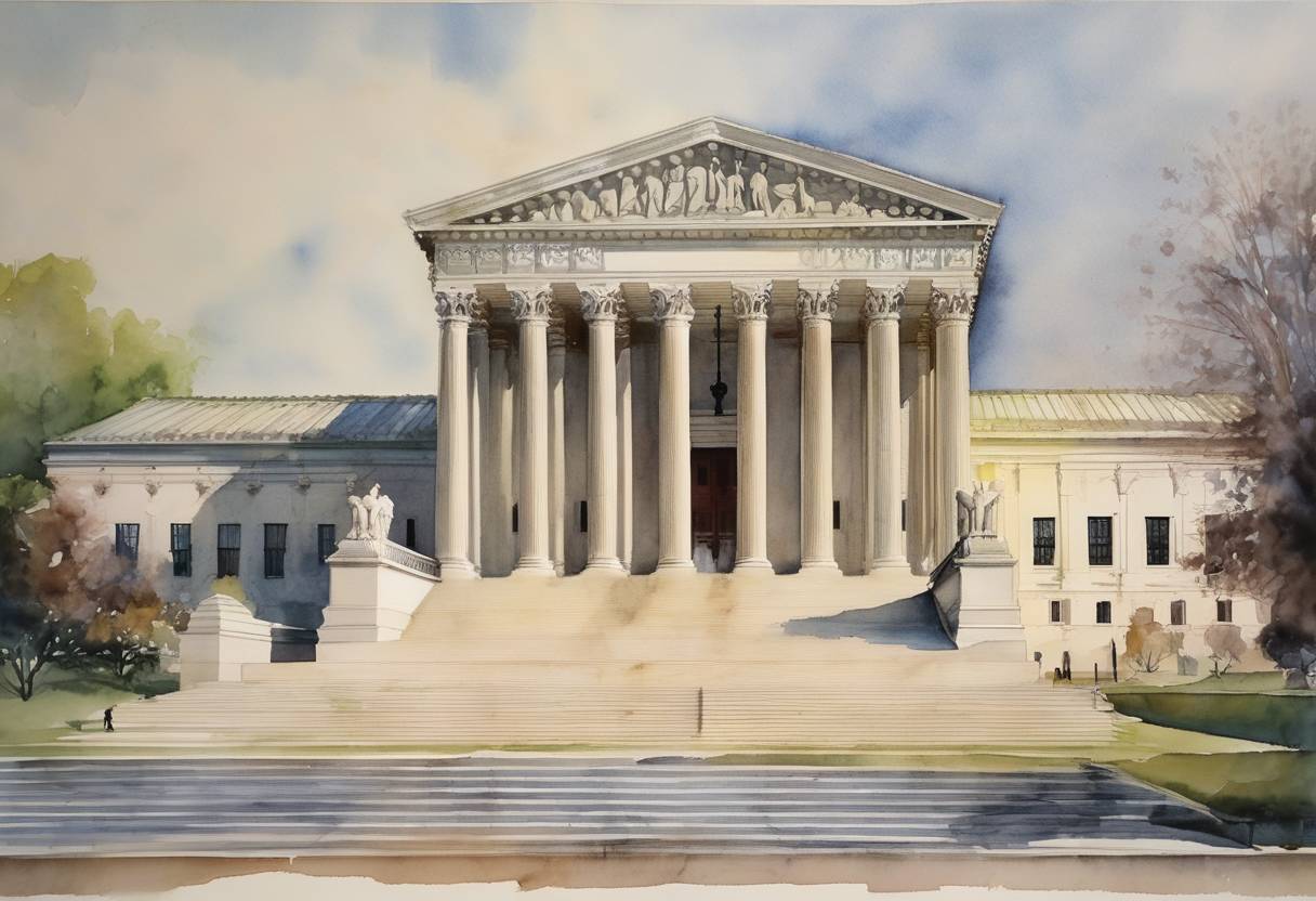 Watercolor painting based depiction of The United States Supreme Court ruled in favor of Joe Fannie's right to refuse invasive surgery in a historic court decision regarding patient autonomy. (1977)