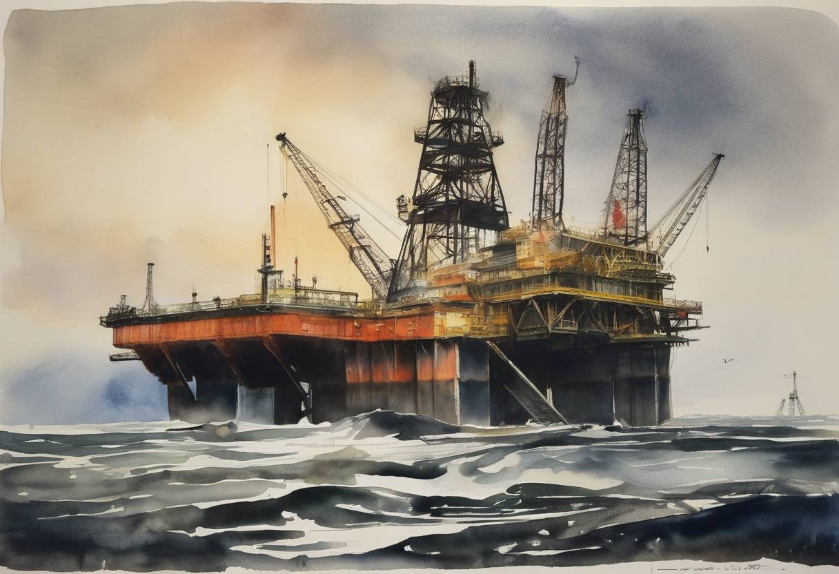 Watercolor painting based depiction of The Norwegian oil platform, Alexander L. Kielland, capsized in the North Sea killing 123 workers. (1980)