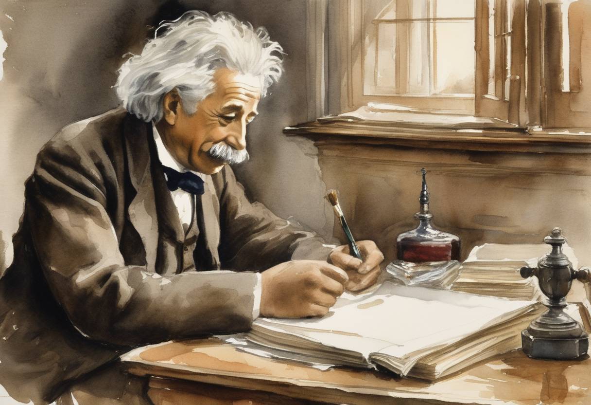 Watercolor painting based depiction of Albert Einstein completes his dissertation, 'A New Determination of Molecular Dimensions,' which he submits to the University of Zurich. (1905)