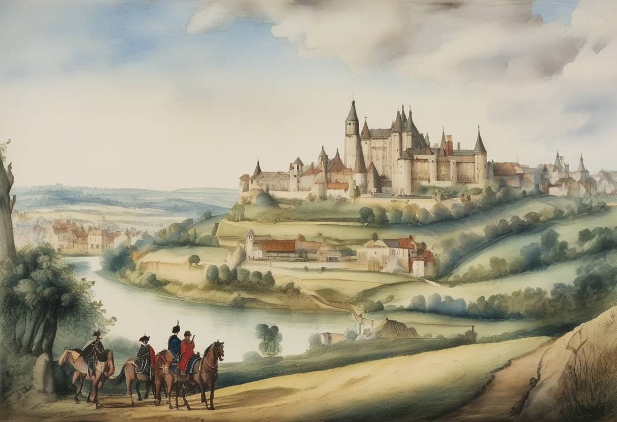 Watercolor painting based depiction of The Treaty of Noyon was signed, establishing peace between France and Spain and affecting the Italian Wars. (1516)