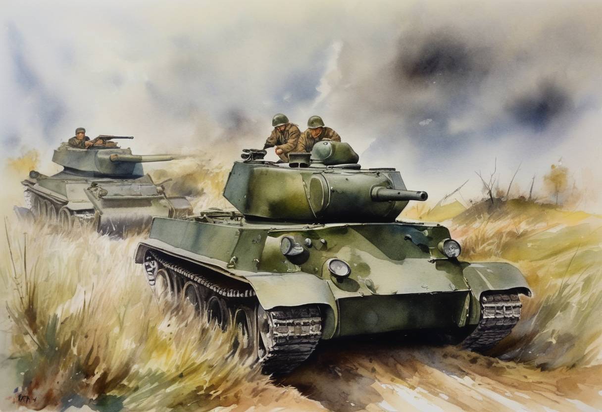 Watercolor painting based depiction of Romanian and German forces launched Operation München against the Soviet Union, marking Romania's entry into World War II. (1941)