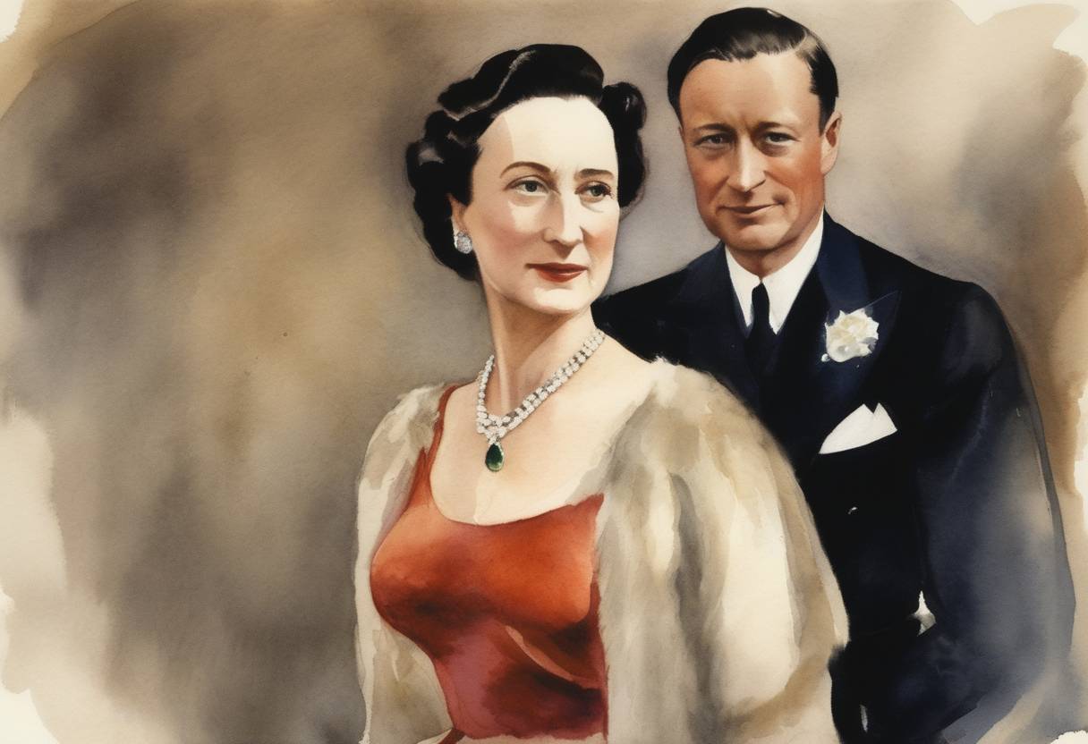 Watercolor painting based depiction of Wallis Simpson, the American socialite, was granted a divorce from her second husband Ernest Simpson, paving the way for her to marry King Edward VIII, leading to his abdication in December 1936. (1936)