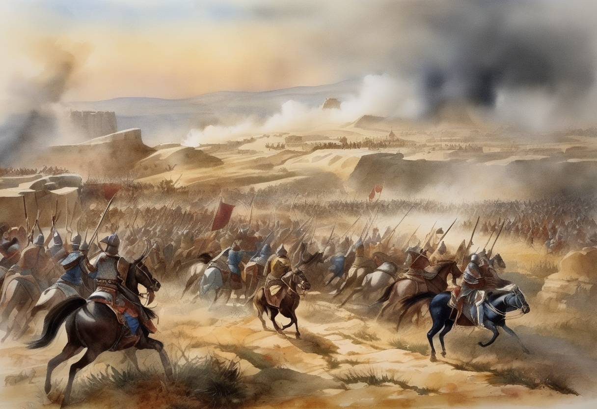 Watercolor painting based depiction of The Battle of Harran took place as a confrontation between the Crusader states and the Seljuk Turks, resulting in a decisive defeat for the Crusaders. (1104)