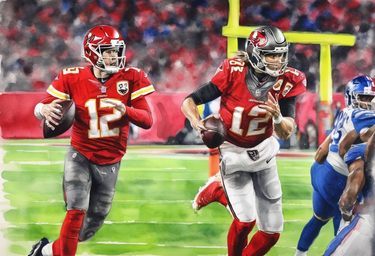 Watercolor painting based depiction of Super Bowl LV took place, where the Tampa Bay Buccaneers defeated the Kansas City Chiefs 31-9. This marked Tom Brady's seventh Super Bowl win and his first with the Buccaneers. (2021)