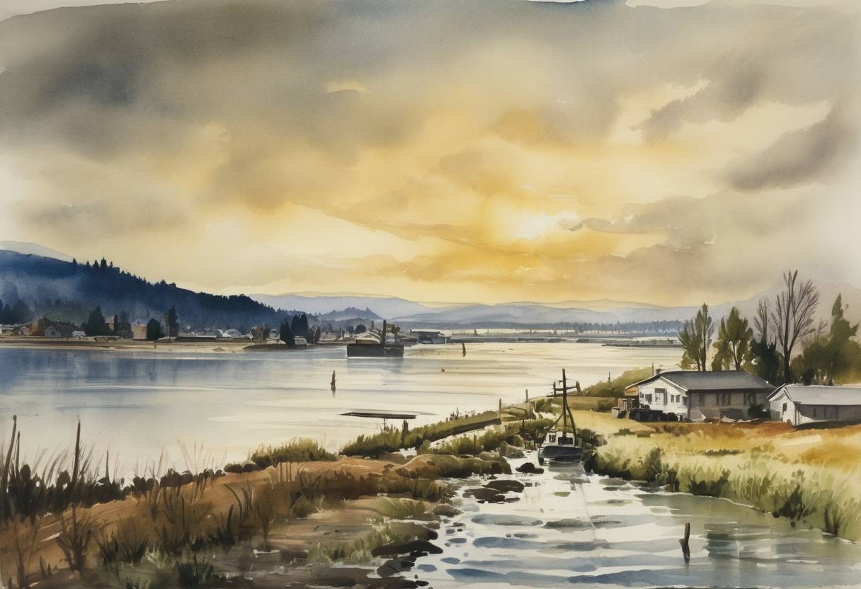 Watercolor painting based depiction of A dike along the Columbia River broke, flooding Vanport City, Oregon, and killing 15 people. (1948)