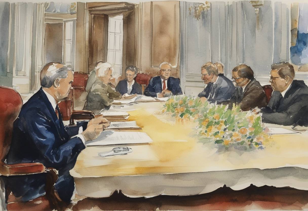 Watercolor painting based depiction of Helsinki Accords were signed at the final act of the Conference on Security and Cooperation in Europe, aiming to improve relations between the Communist bloc and the West. (1975)