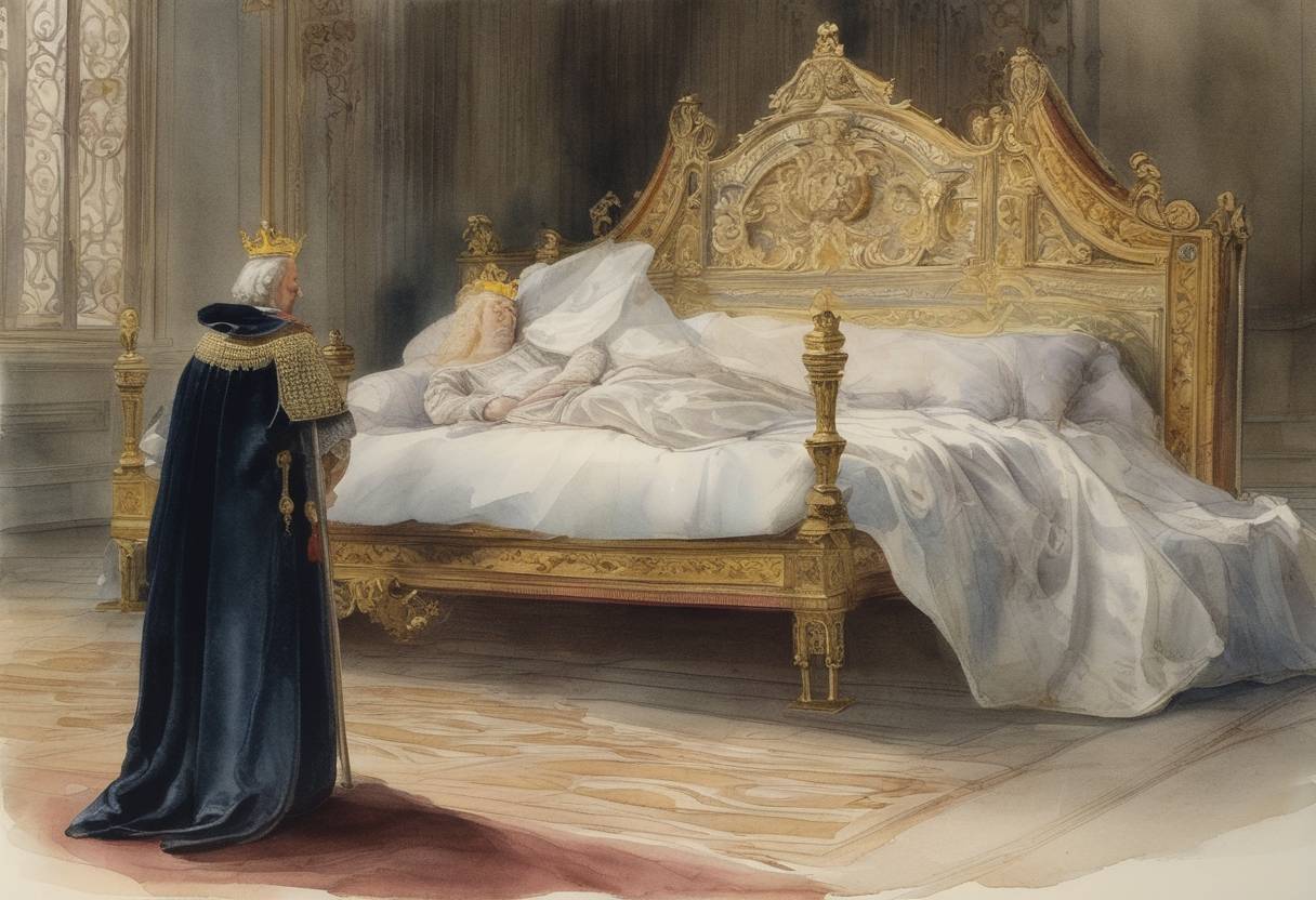 Watercolor painting based depiction of King Charles IV of France dies without a male heir, leading to a succession crisis. (1328)