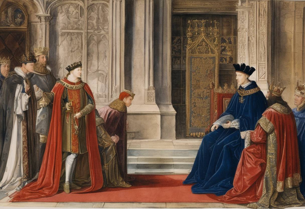 Watercolor painting based depiction of Henry VI of England instates the title of Duke of Suffolk, bestowing it upon William de la Pole, a significant political figure during his reign. William was a key ally and counselor to the king, while the title further solidified his power and influence within the English court. (1442)