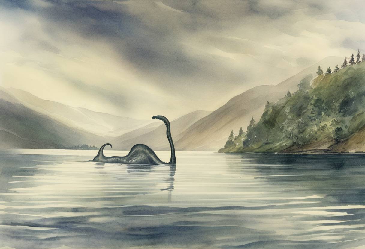 Watercolor painting based depiction of Hugh Gray takes the first known photos of the Loch Ness Monster, sparking widespread interest and debate about the creature's existence. (1933)