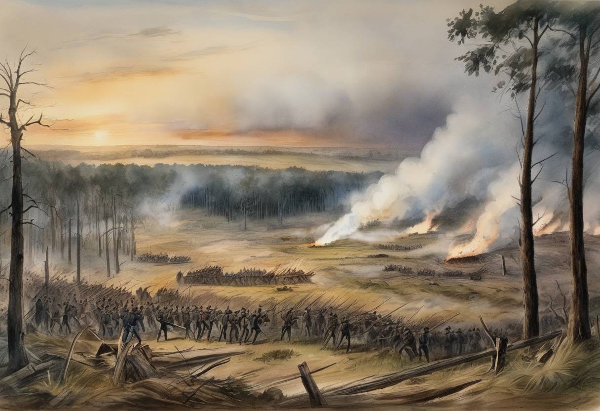 Watercolor painting based depiction of The Battle of the Crater took place during the American Civil War, part of the Siege of Petersburg campaign. A Union attempt to break Confederate lines fails after an explosive detonation under the enemy trenches. (1863)