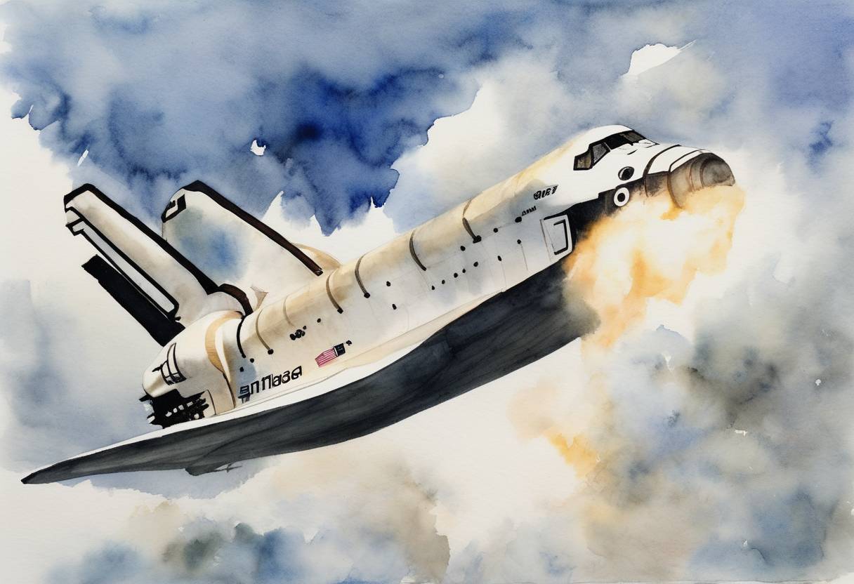 Watercolor painting based depiction of NASA's Space Shuttle Endeavour launched on mission STS-118, continuing assembly of the International Space Station and marking the first flight of Endeavour since 2002. (2007)