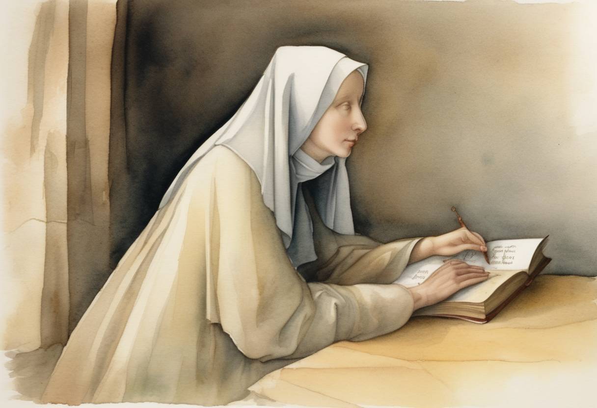Watercolor painting based depiction of Julian of Norwich, an English anchoress and theologian, experienced a series of visions which she later recorded in her work 'Revelations of Divine Love,' the earliest surviving book in the English language to be written by a woman. (1373)