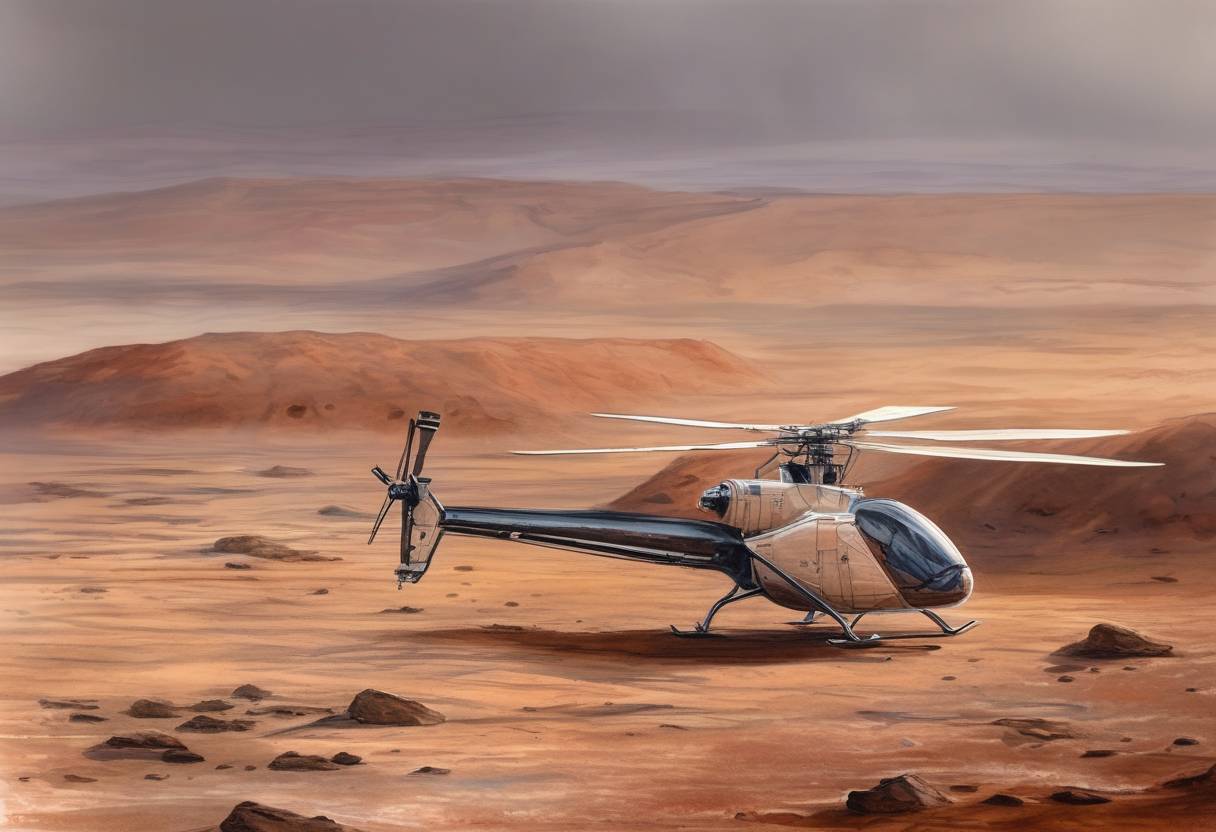 Watercolor painting based depiction of NASA's Mars helicopter Ingenuity survived its first night on Mars autonomously, a key milestone before its historic flight. (2021)