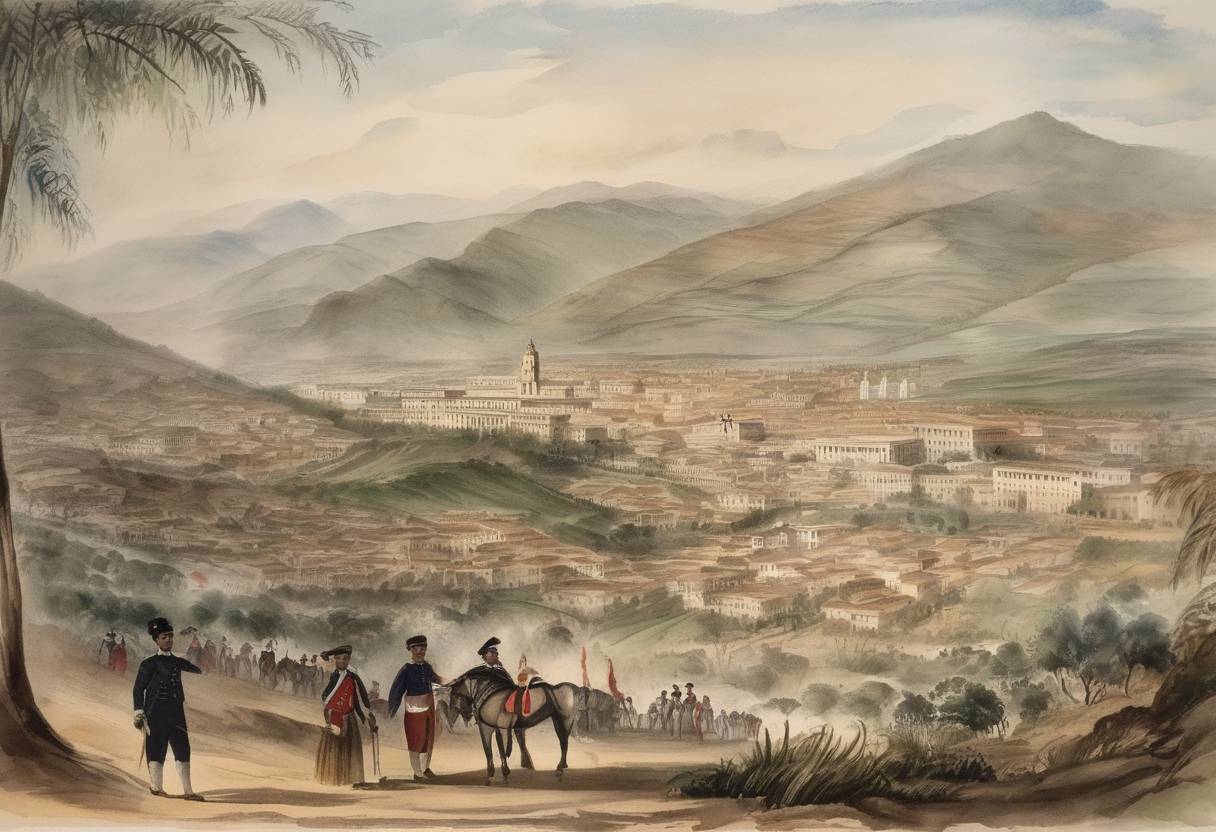 Watercolor painting based depiction of Bolivia declared independence from Spain with Simón Bolívar playing a significant role in its liberation. (1825)