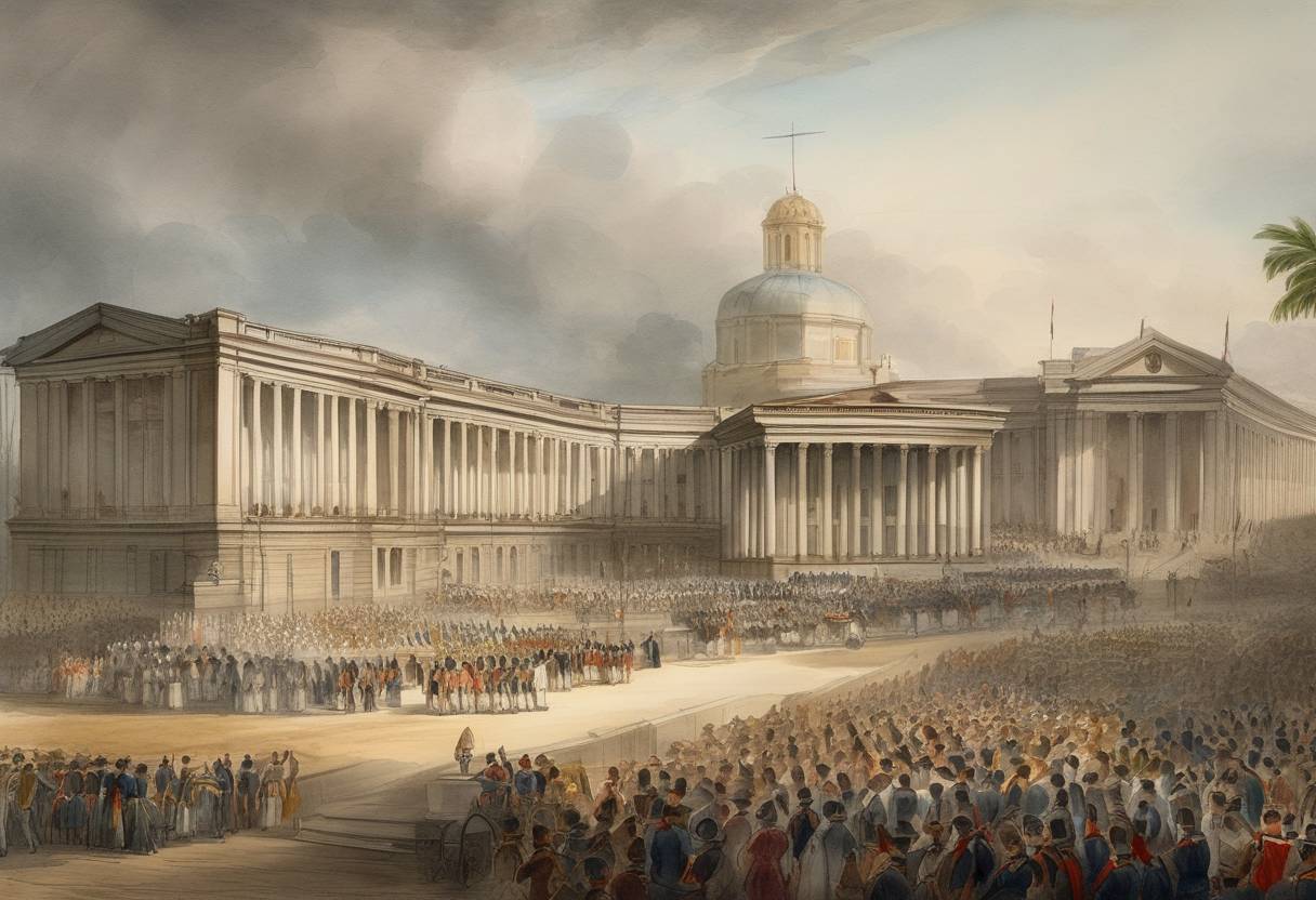 Watercolor painting based depiction of The Congress of the Republic of Venezuela, the country's first elected representative body, is convened. (1811)