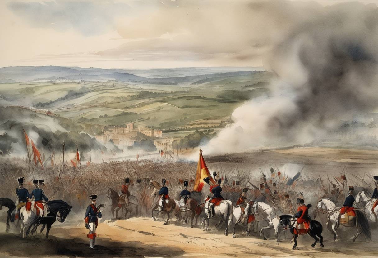 Watercolor painting based depiction of During the Peninsular War, the Battle of Vitoria took place, where Anglo-Portuguese and Spanish forces under the Duke of Wellington defeated the French army led by Joseph Bonaparte. (1813)