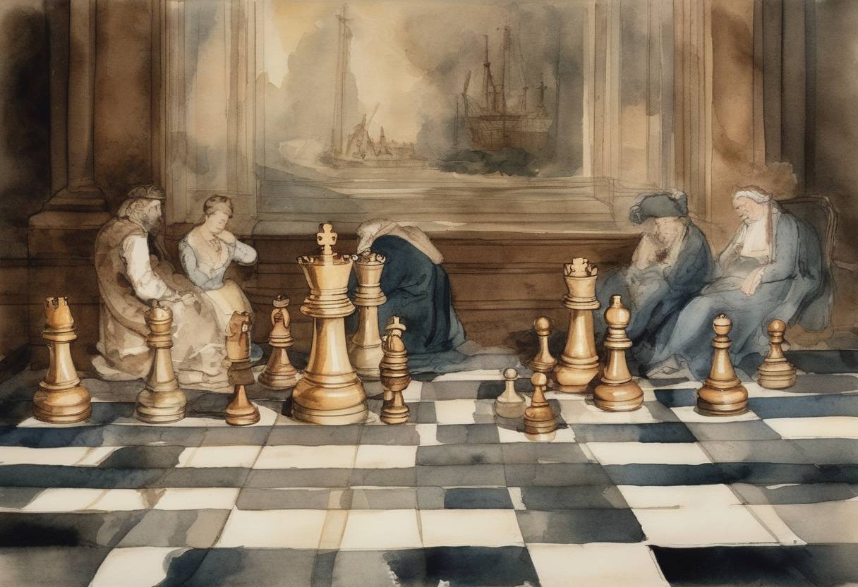 Watercolor painting based depiction of The first International World Chess Championship ended in a victory for French chess player François-André Danican Philidor. (1751)