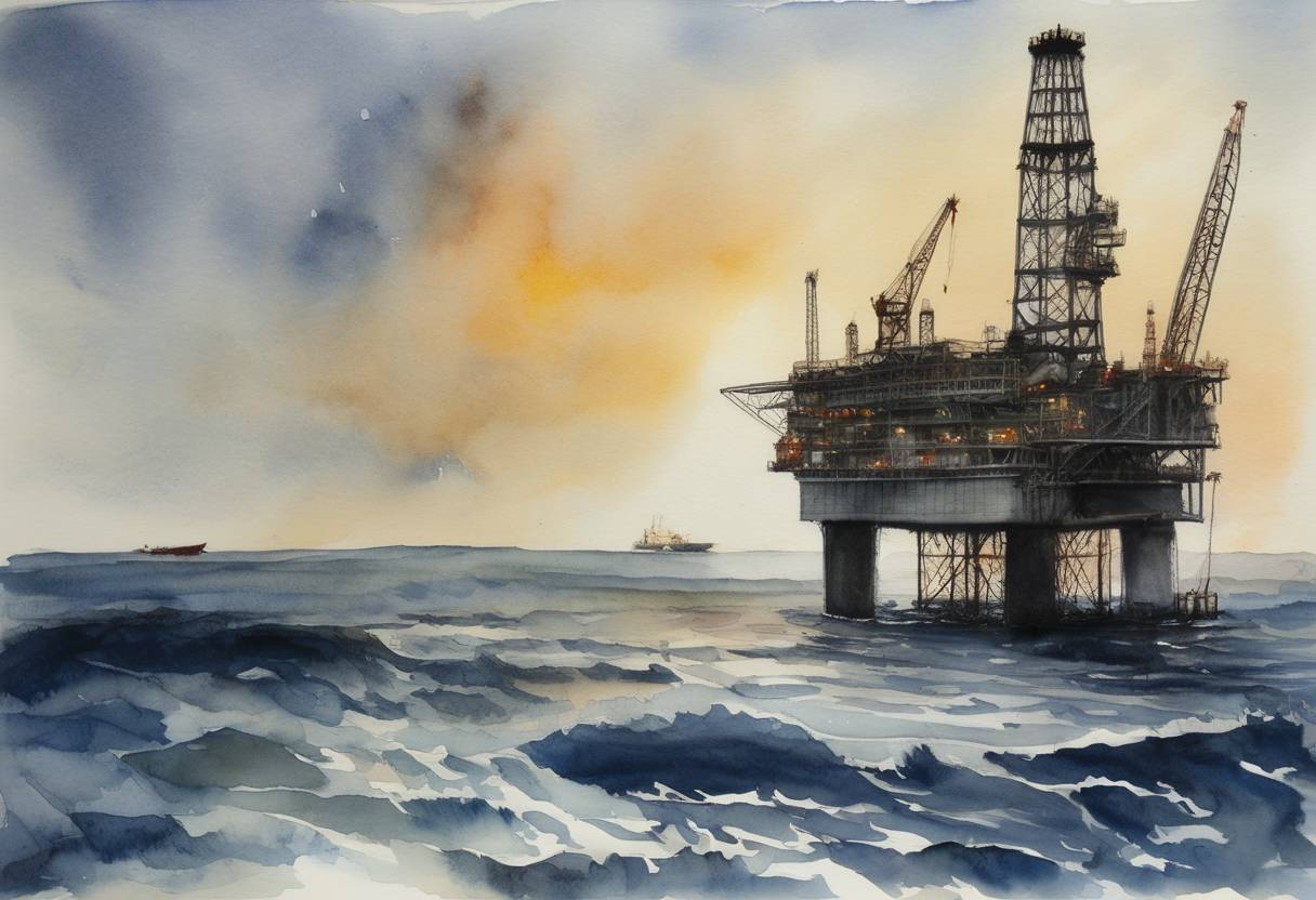Watercolor painting based depiction of The Deepwater Horizon oil rig, which had been drilling an exploratory well in the Macondo Prospect, experiences a blowout, leading to one of the largest environmental disasters in history, affecting the Gulf of Mexico. (2010)