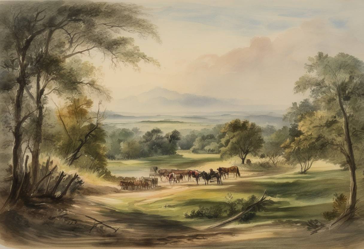 Watercolor painting based depiction of Stephen F. Austin received a grant from the Mexican government which allowed him to begin colonization in the region of the Brazos River in Texas, marking an important moment in the settlement and development of the region that would become a key part of the Republic of Texas and later the U.S. state of Texas. (1823)